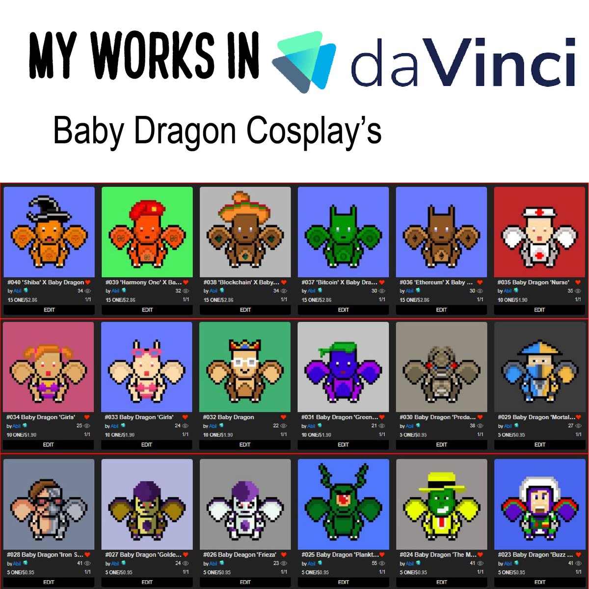 AbilMortality's tweet photo. My Baby Dragon Collection, Only 5 to 15 ONE. Thank you very much

https://t.co/97COzqMUFu

#davincigallery #HarmonyONE #NFT #NFTCommmunity #NFTCollection #nftcollector #nftart #NFTs #NFTProject #NFTdrop https://t.co/785i0MBR9O