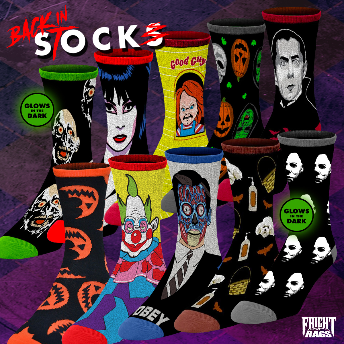 frightrags's tweet photo. NOW AVAILABLE! We just replenished our Officially License horror ๐งฆ SOCK Collection โ s(t)ock up NOW before they're gone! SHOP: https://t.co/LNpeYD1vqD #frightrags #horror #horrorsocks #socks #style #nostalgia https://t.co/LgFD98IqBe