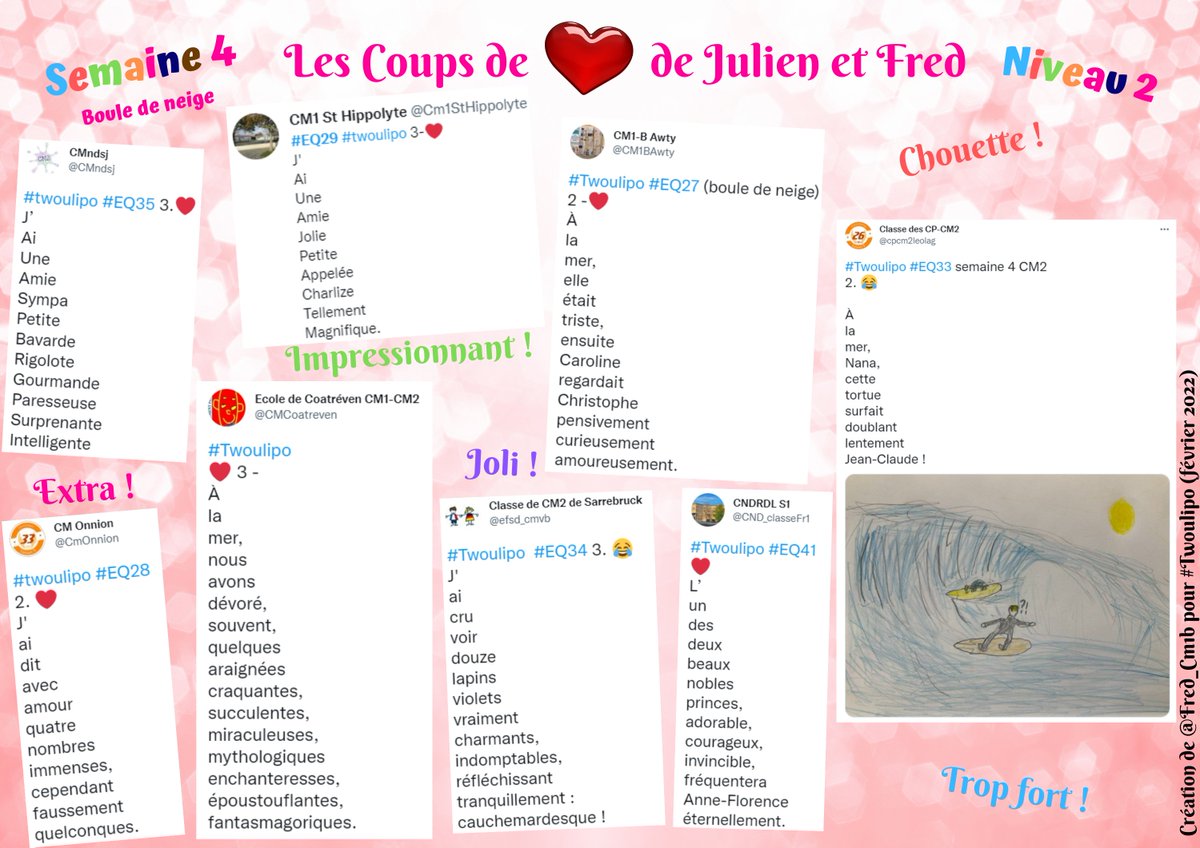 Et voilà déjà les derniers Coups de ❤️ de Julien et Fred sur la contrainte des boules de neige. #Twoulipo #Niveau2

Félicitations à @CMCoatreven, @CmOnnion, @CMndsj, @Cm1StHippolyte, @efsd_cmvb, <a href="/CND_classeFr1/">CNDRDL S1</a>, @CM1BAwty et @cpcm2leolag ! 👏