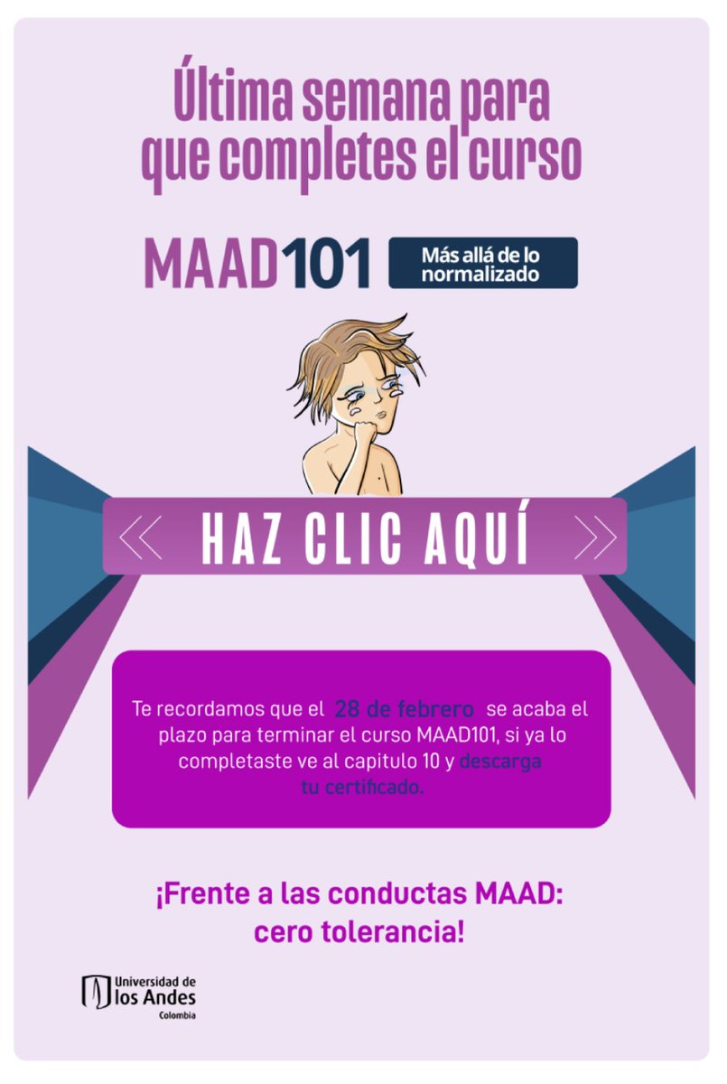 UniandesCEIM's tweet photo. Ultima Semana para llenar MAAD 
¿Ya completaste el curso MAAD? Tener el curso ahora es obligatorio y esta es la última semana para hacerlo! Que no se te olvide! 
https://t.co/fvBqsvgdqH https://t.co/EdsxU2U1Ak