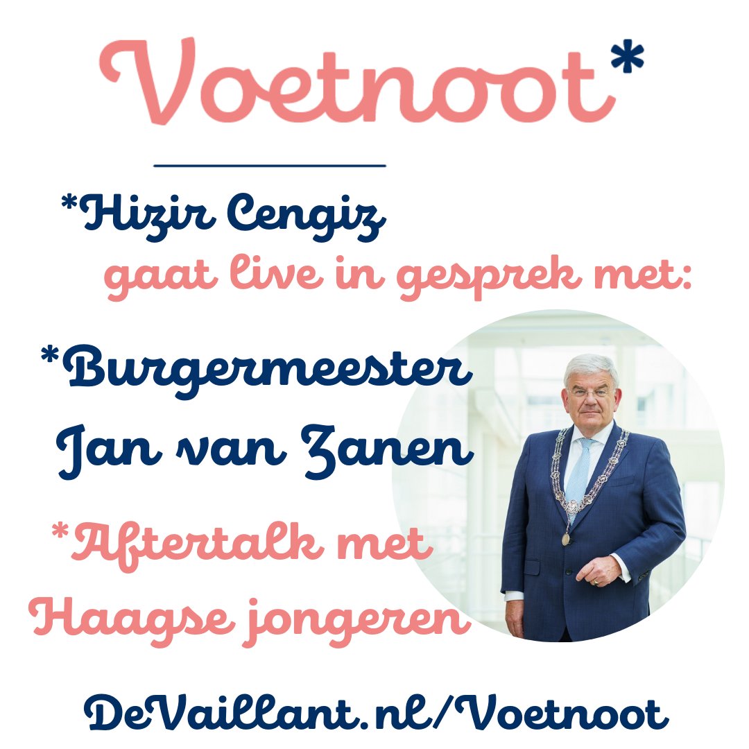 devaillant's tweet image. Vanavond live te zien via devaillant.nl/voetnoot. @HizirCengiz in gesprek met burgemeester van Zanen en aftertalk met Haagse jongeren. 20.30 uur.
#praatmee