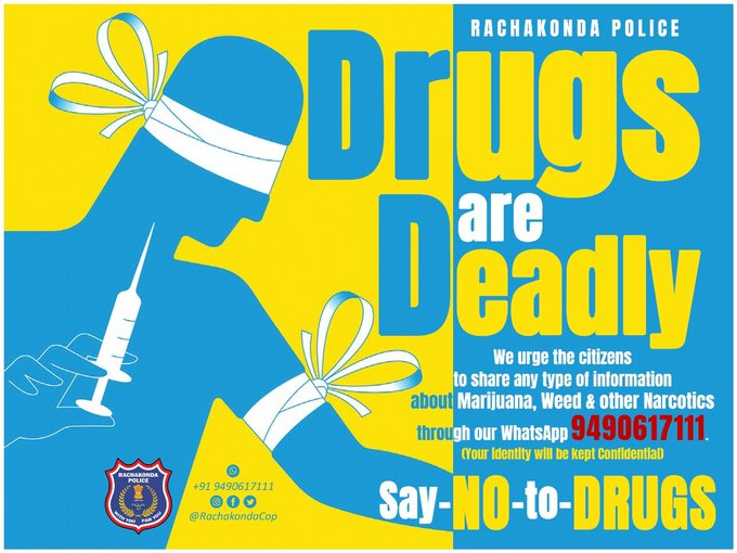 MalkajgiriCop's tweet photo. #SayNoToDrugs
We urge the citizens to share any type of information regarding Supply/ Sale/ Seller/ Transportation/ Cultivator/ Cultivation of #Marijuana,#Weed,#Ganja &amp; other #Narcotics through #WhatsApp or SMS to 9490617111. Your identity will be kept #Confidential. https://t.co/k4SAKRuKyc