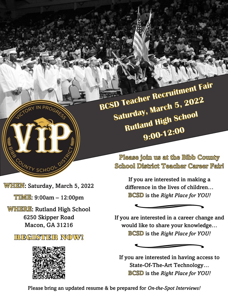 BibbSchools's tweet photo. SAVE THE DATE! Bibb County School District will host a Teacher Recruitment Fair on Saturday, March 5, from 9am-12pm. Come visit with us and find out why BCSD is the right place for you! #BibbVIP https://t.co/gl7MPM9lRx