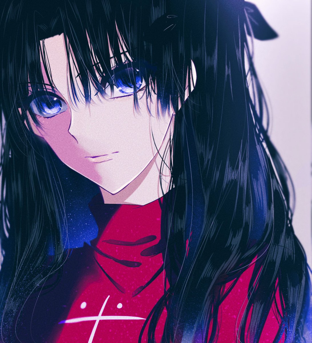 tohsaka rin 1girl solo long hair black hair blue eyes looking at viewer red sweater  illustration images