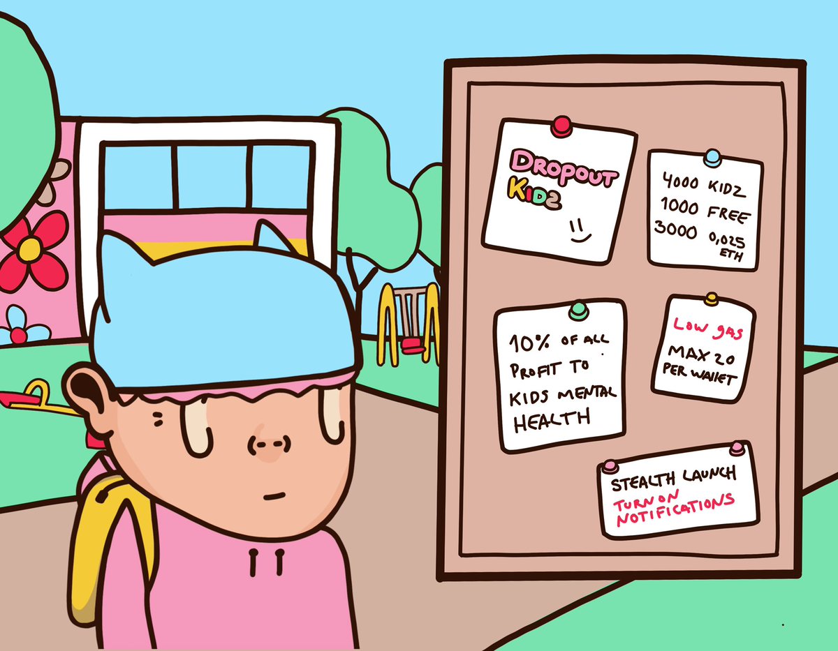 4000 Dropout Kidz.👀
Kidz who believes more in web3 than broken school systems. No crappy WL games. Be first at the yard and mint for free. 

✅ Secure OG role at the schoolyard
1. Follow <a href="/Dropoutkidz/">Dropout Kidz (MINT LIVE)</a> 
2. RT + tag kidz
3. Turn on notifications 

Kidz. #NFTCommmunity #NFTnews