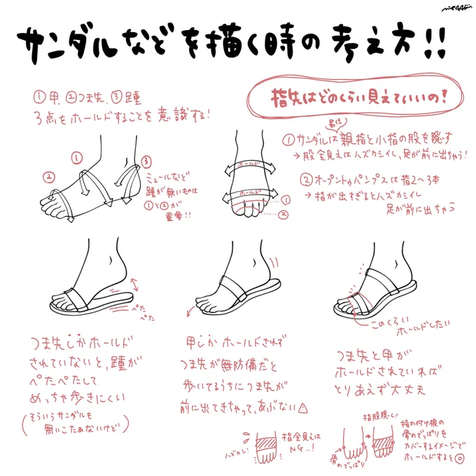 サンダルやオープントゥパンプスなど、つま先が見える靴を描く時の考え方〜

#靴の描き方tips 