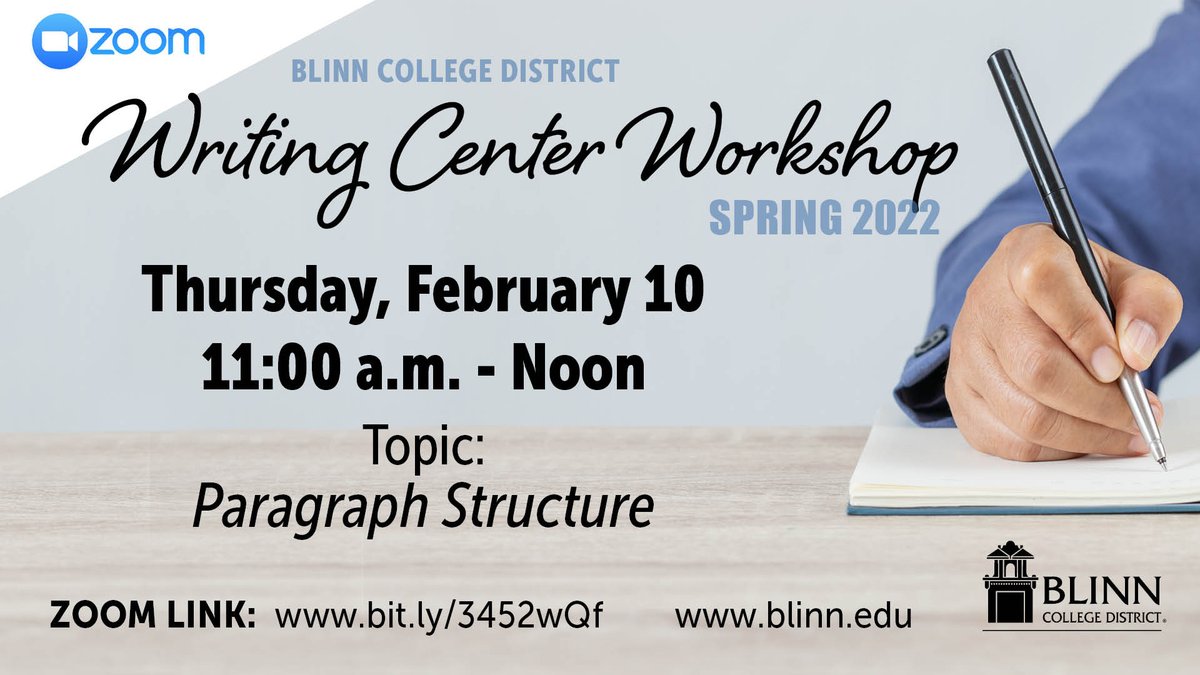 Fine-tune your prose by attending next week's Writing Center Workshop via Zoom.
📆: Thursday, Feb. 10 
⌚: 11 a.m.-noon 
📝: Paragraph Structure 
🔗: bit.ly/3452wQf