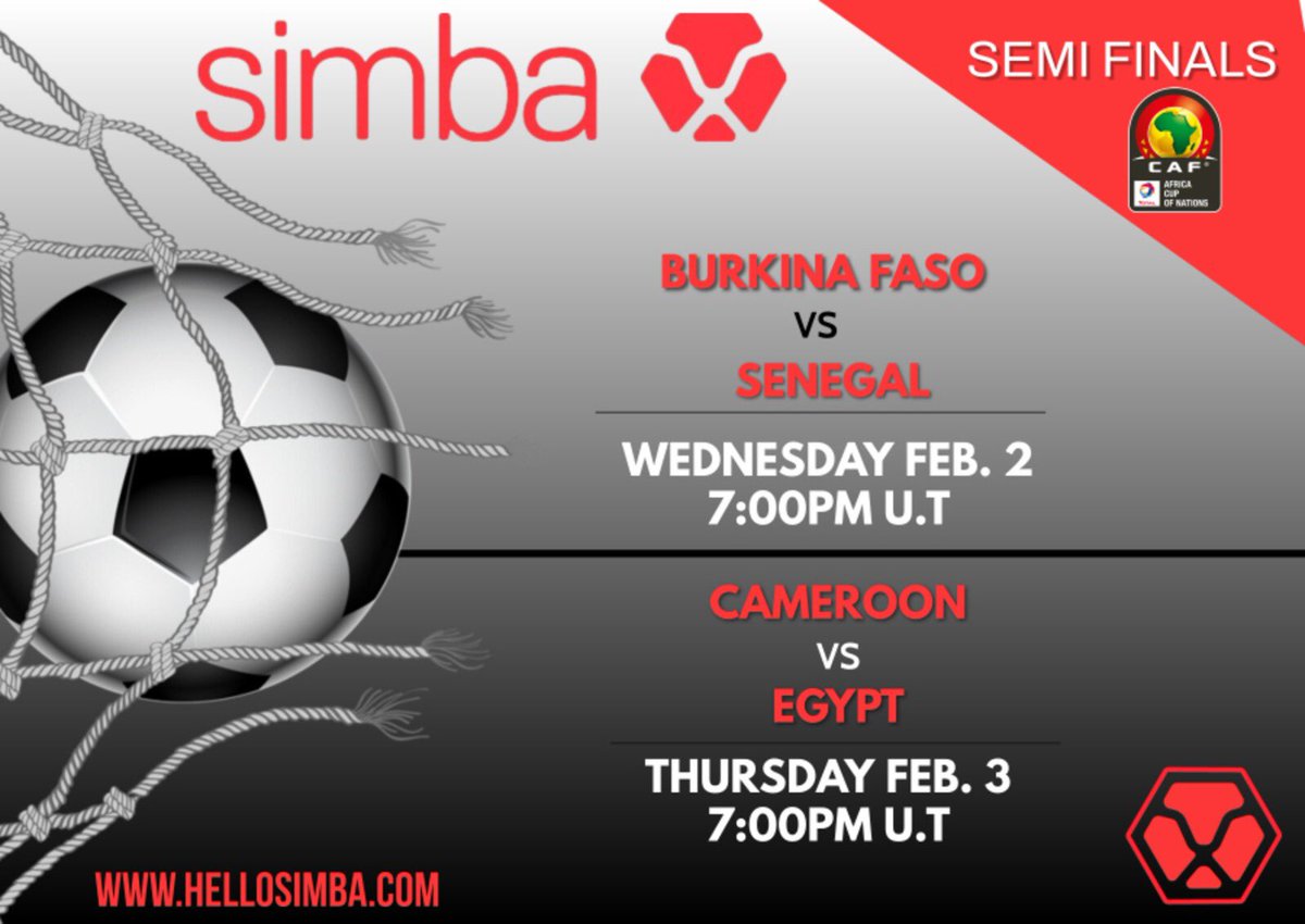 SimbaWorldwide's tweet photo. Watch semi finals of African football with simba. Who will qualify for the final? Www.hellosimba #AFCON2022 #AFCON #TeamSenegal #Teamcameroun #moneytransfer #africandiaspora #hellosimba #papss https://t.co/NgL2VGMSYp