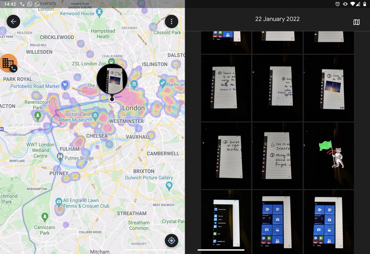 Google Photos spanned on a Surface Duo 2 in search places displays your heat map of photo locations on the left and your photos captured in that area on the right. This enables you to more effectively browse, sort, and share your photos.