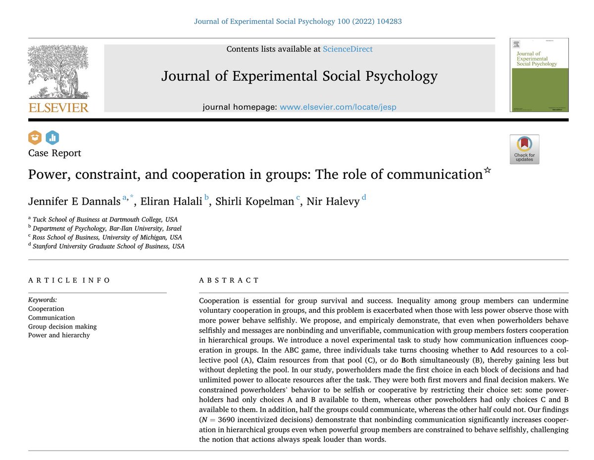 Communication increases cooperation in hierarchical groups even when powerful group members are constrained to behave selfishly, challenging the notion that actions always speak louder than words! 
Honored to work with <a href="/jendannals/">Jennifer Dannals</a>, Eliran, and <a href="/HalevyNir/">Nir Halevy</a>!
doi.org/10.1016/j.jesp…
