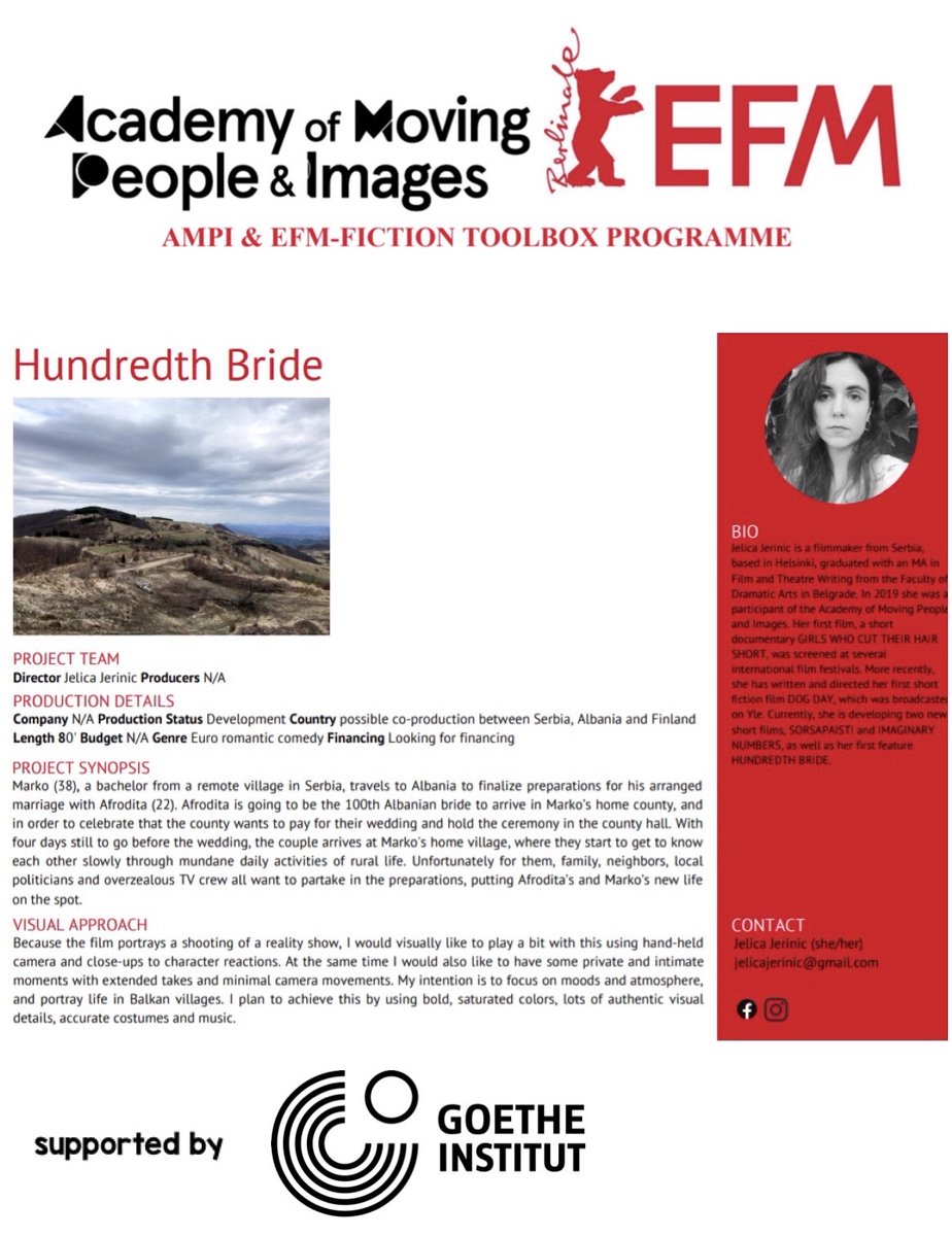 We are delighted to announce our partnership with Fiction Toolbox Programme organized by <a href="/efm_berlinale/">European Film Market</a> &amp; supported by <a href="/GI_Finnland/">Goethe-Institut Finnland</a> . As part of the collaboration, our Alumna Jelica Jerinić is selected for the program with her 1st feature Hundredth Bride #Berlinale2022 #Berlinale