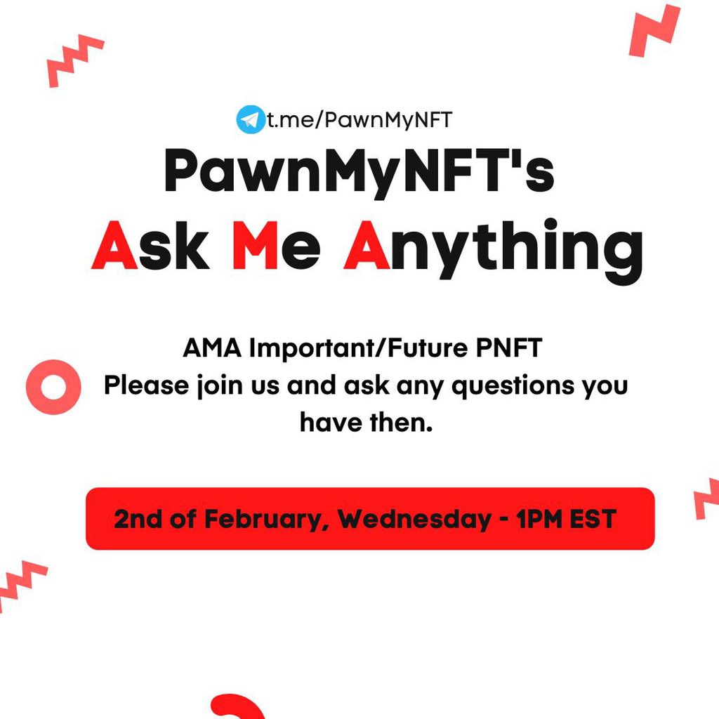 Today 1PM EST $PNFT Invites EVERYONE That Loves #NFTs &amp; #Crypto To Join Us In Our Telegram 
For Pawn My NFTs #AMA 
Come Learn What Exiting Things We Have To Come &amp; Bring Your Questions!
LFG #pawnmynftarmy