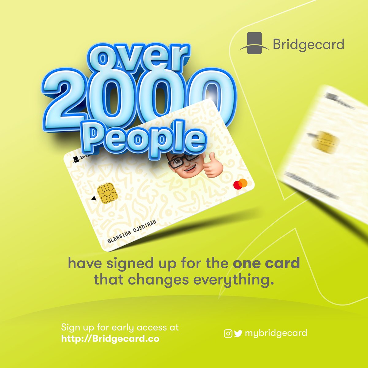 mybridgecard's tweet photo. Over 2000 people have joined our waitlist and are excited for the launch of #Bridgecard🥳

What are you waiting for?!?                                                             Sign up at https://t.co/tclYyfVuzQ and enjoy early access as we are launching sooner than you think😏 https://t.co/Rw1vDPgJSd