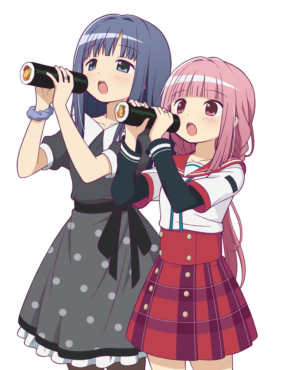 tamaki iroha 2girls multiple girls school uniform pink hair food makizushi blue hair  illustration images
