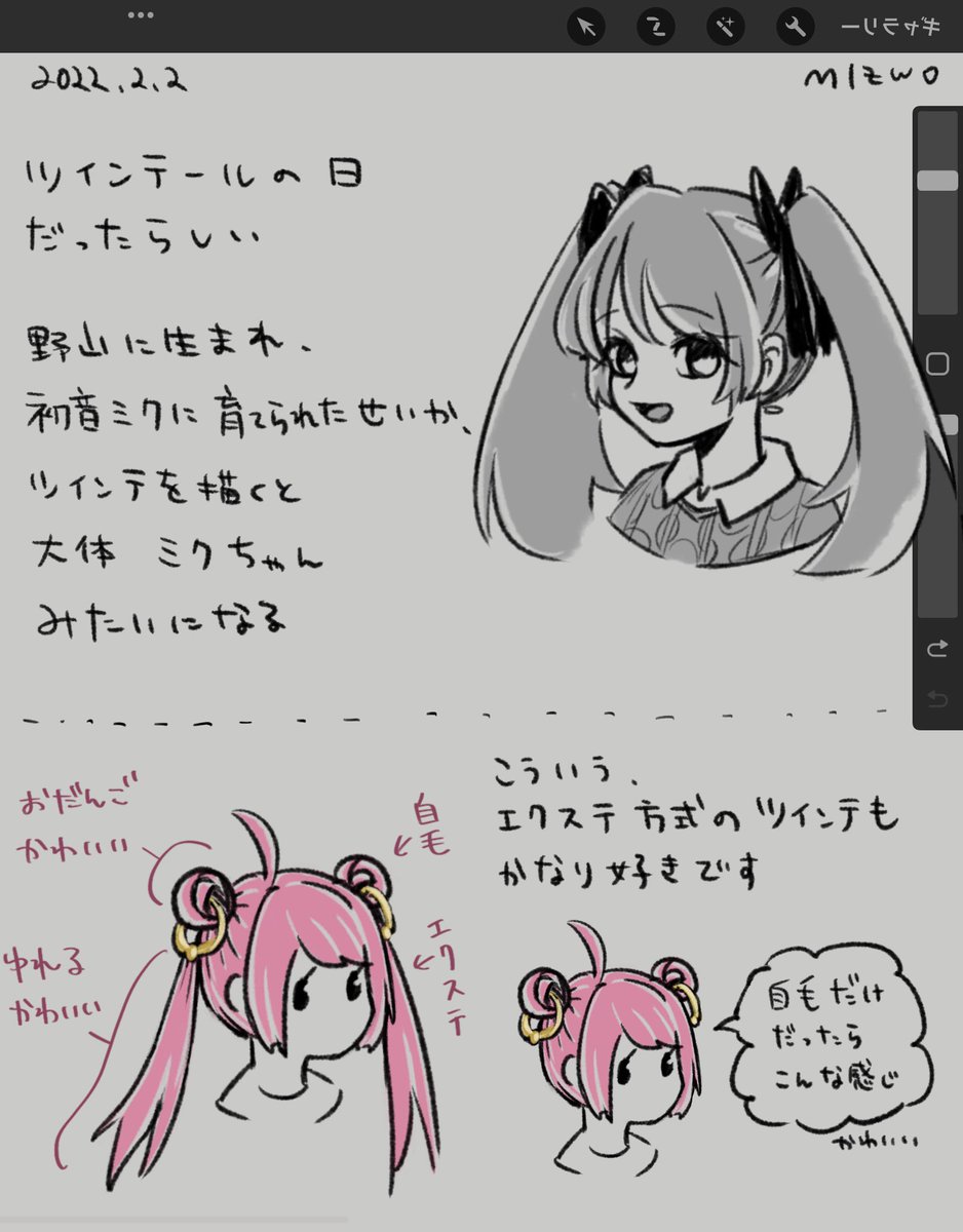 初音ミクそのうち描きたいな～とずっと思ってます それはそうと、どなたかエクステツインテの正式名称?をご存知でしたら教えてください 水ヲの検索が捗る #ツインテールの日 