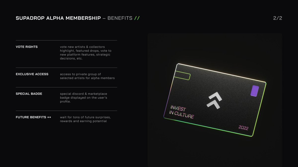 supadropnft's tweet photo. get benefits starting from 0% platform fee, NFT airdrops, exclusive access to artworks of new talented creators, early access to new supadrop features, vote rights to new proposals, strategic decisions, etc; VIP Support, future benefits, and earnings potential. 

#SolanaNFTs https://t.co/mnYH0aUfca