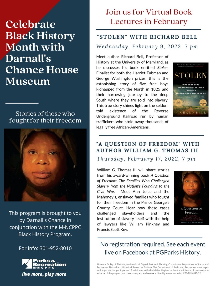 OEatonMartinez's tweet photo. Join us for #BlackHistoryMonth Virtual Book Lectures hosted by @pgparks Darnall's Chance House Museum. See flyer for details!
@ASALH @BlackMuseums @AAHGS @PGCLMP @aaslh https://t.co/hvcJwKYgcH