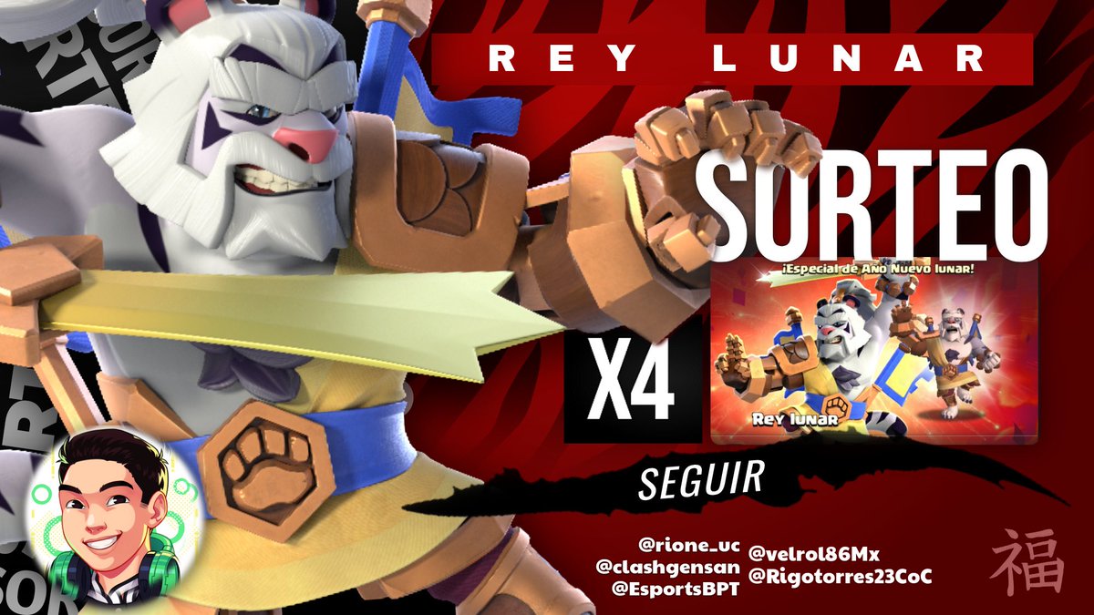 🐯¡¡¡SORTEO de 4 SKINS de REY LUNAR!!!🐯

REQUISITOS:
🔁Dar RT

Seguir a:
⭕️<a href="/Velrol86Mx/">velrol</a> 
⭕️ <a href="/EsportsBPT/">B.P.T. Esports</a> 
⭕️<a href="/ClashGensan/">GENSAN CLASH</a> 
⭕️<a href="/Rione_UC/">RIONE</a> 
⭕️<a href="/rigotorres23CoC/">rigotorres23🇲🇽</a> 

☘️Los ganadores se anunciaran el día sábado 5 de febrero☘️

📍El premio se entrega por paypal📍