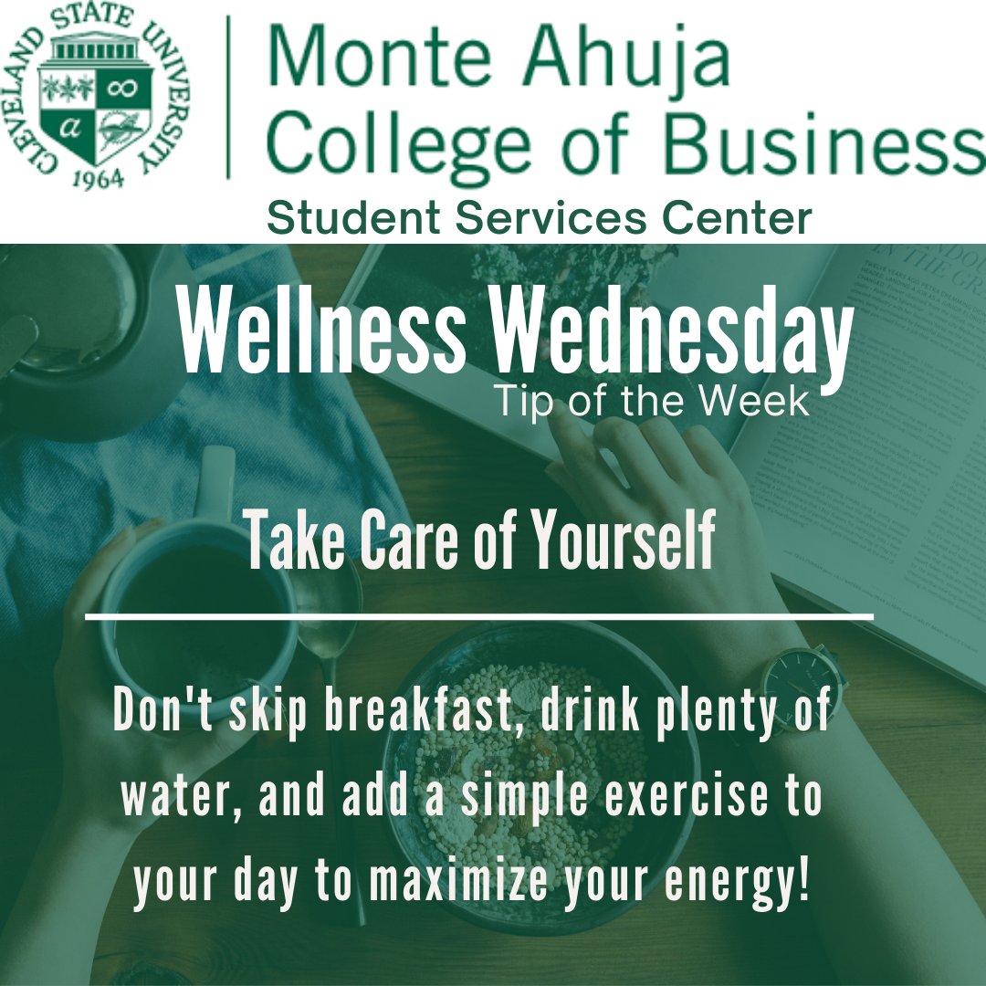 CSUCOBSS's tweet photo. #WellnessWednesday Take Care of Yourself! Don't skip breakfast, drink plenty of water, and add a simple exercise to your day to maximize your energy! https://t.co/J1hfhL0RtV