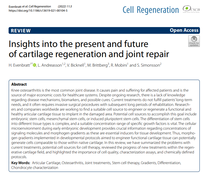 Congratulations 🇪🇺<a href="/AutoCRAT2020/">AutoCRAT</a> &amp; <a href="/RESTOREhorizon/">RESTORE</a> researchers <a href="/uniofgothenburg/">Uni of Gothenburg</a> &amp; #ClineScientific, H. Evenbratt, L. Andreasson, V. Bicknell, M. Brittberg, R. Mobini, S. Simonsson: 'Insights into the present and future of cartilage regeneration and joint repair' <a href="/CellRegenerati1/">Cell Regeneration</a>