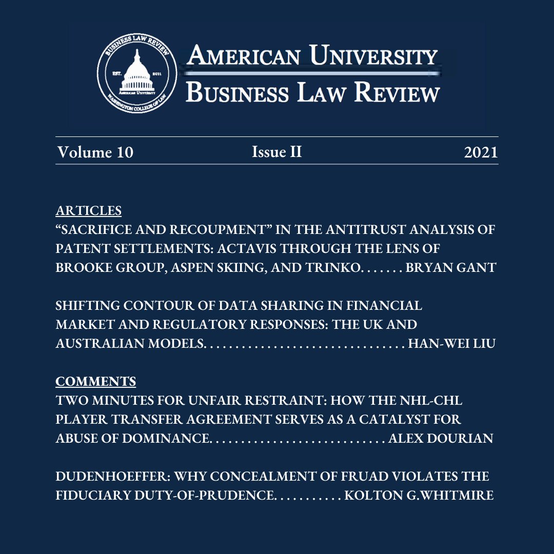 We are proud to publish the following articles and comments from legal practitioners and AUBLR staff members in the American University Business Law Review Volume 10, Issue II publication. 

You can read it here: aublr.org/publications/v…