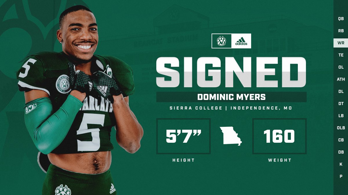 NWBearcat_FB's tweet photo. A dynamic athlete with great speed, hands and can stretch the field. We’re excited to announce the signing of Dominic Myers. Dominc is a WR from Sierra College. #BEARCAT22TANDARD @DominicMyers_44 https://t.co/g3mLw6cNY0
