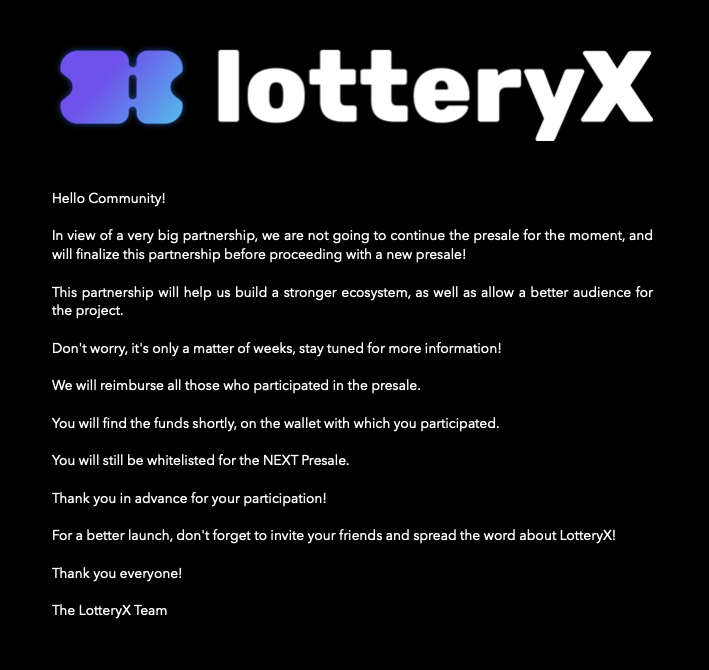 Join us on Discord Or Telegram to stay updated !
 
discord.gg/lotteryxio

t.me/LotteryXio