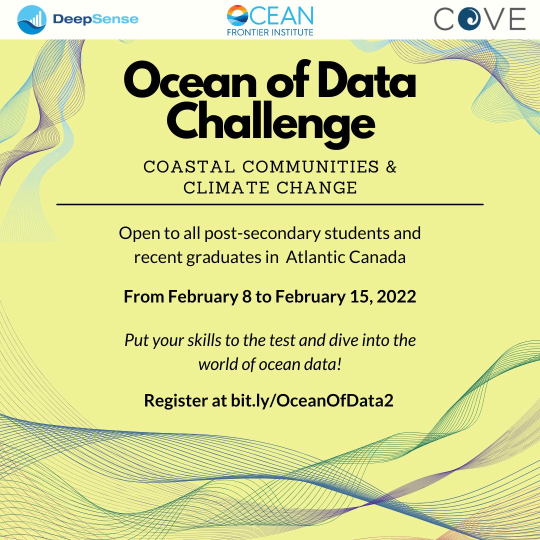 COVE_Ocean's tweet image. 📣 We are less than one week away from the Ocean of Data Challenge! Join @OceanFrontier, @DeepSenseCa &amp;amp; @Cove_Ocean on Feb 8 &amp;amp; 15 and sharpen your skills &amp;amp; explore the challenges experienced by coastal communities.

Register for the kick-off event today! bit.ly/OceanOfData2