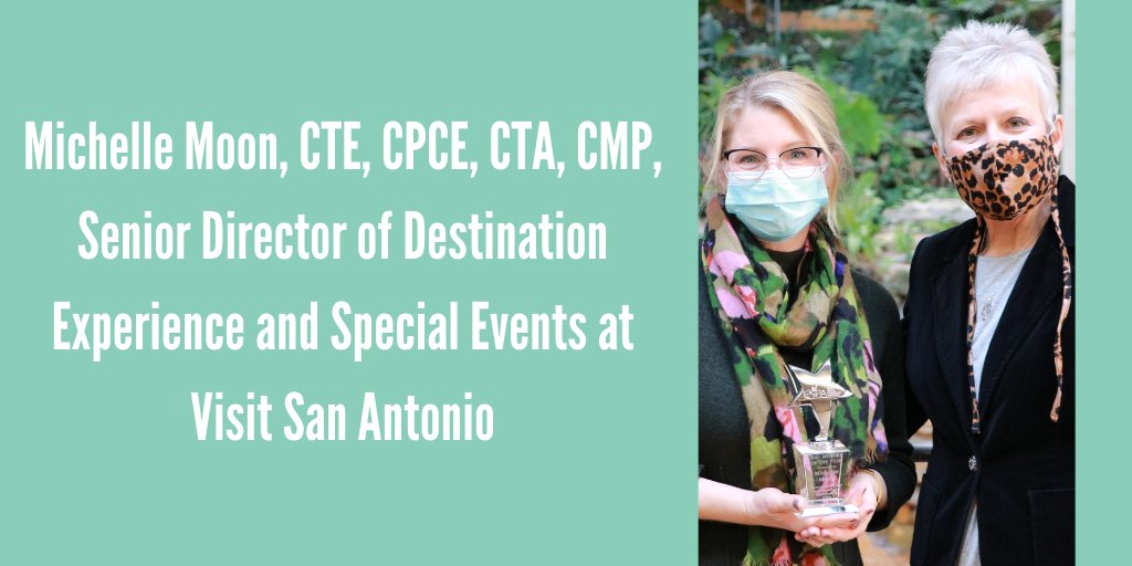 ESPATweets's tweet photo. Michelle Moon, CTE, CPCE, CTA, CMP, Senior Director of Destination Experience and Special Events, @VisitSanAntonio, was selected as Member of the Year at the 2022 #ESPAConference. Congratulations on this great honor, Michelle! https://t.co/rii2FO2qWb