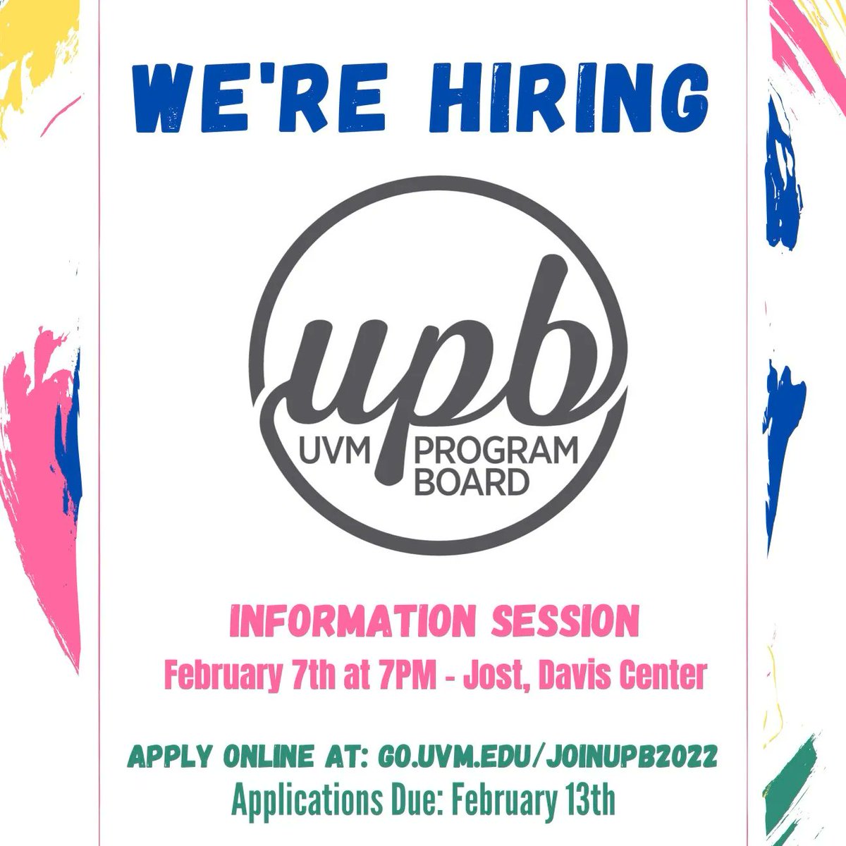 JOIN UPB THIS FALL! We are looking for students to help plan, coordinate, and execute event programming that students enjoy! Gain valuable work experience and teamwork/leadership skills! APPLY NOW AT go.uvm.edu/joinupb2022