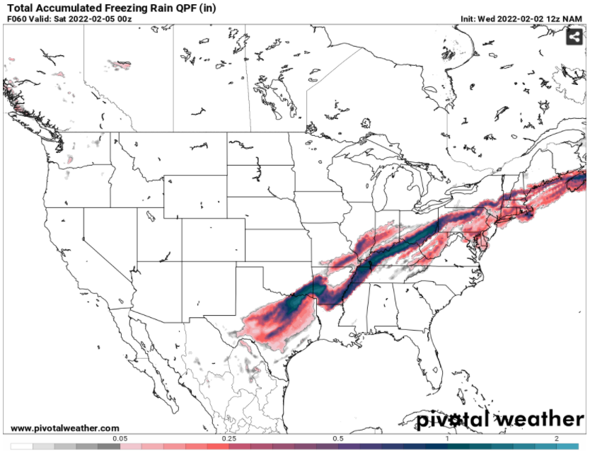 energyelliot's tweet photo. Huge amount of freezing rain stretching from Texas into the Northeast over the next few days. Power outages, gas freeze offs, wind curtailments, thermal gen outages, and transmission outages are all possibilities as this storm hits. #PJM #ERCOT #energytwitter https://t.co/kMPiIlt91Y