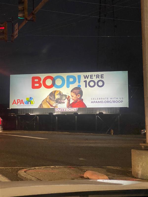 APAofMO's tweet photo. Have you seen our "BOOP! We're 100" billboards around town? Since 1922, weโve helped pets and people bring out the best in each other. Come celebrate 100 years with us, and share a photo of your #Boop100
#apamo #centennial https://t.co/vUF1Rezji8