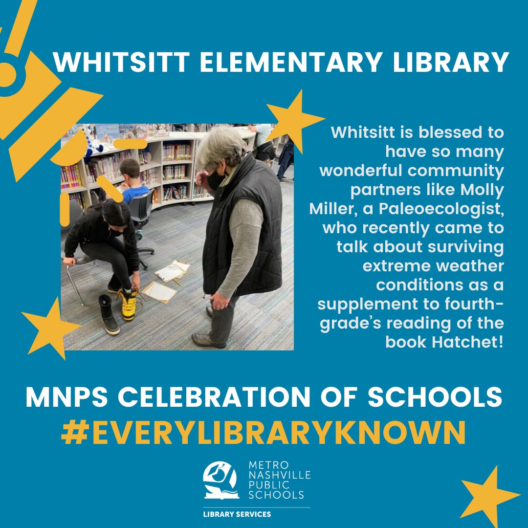 MNPSLibraries's tweet image. Whitsitt is blessed to have so many wonderful community partners like Molly Miller, a Paleoecologist, who recently came to talk about surviving extreme weather conditions as a supplement to fourth-grade’s reading of the book Hatchet! @MetroSchools #EveryLibraryKnown