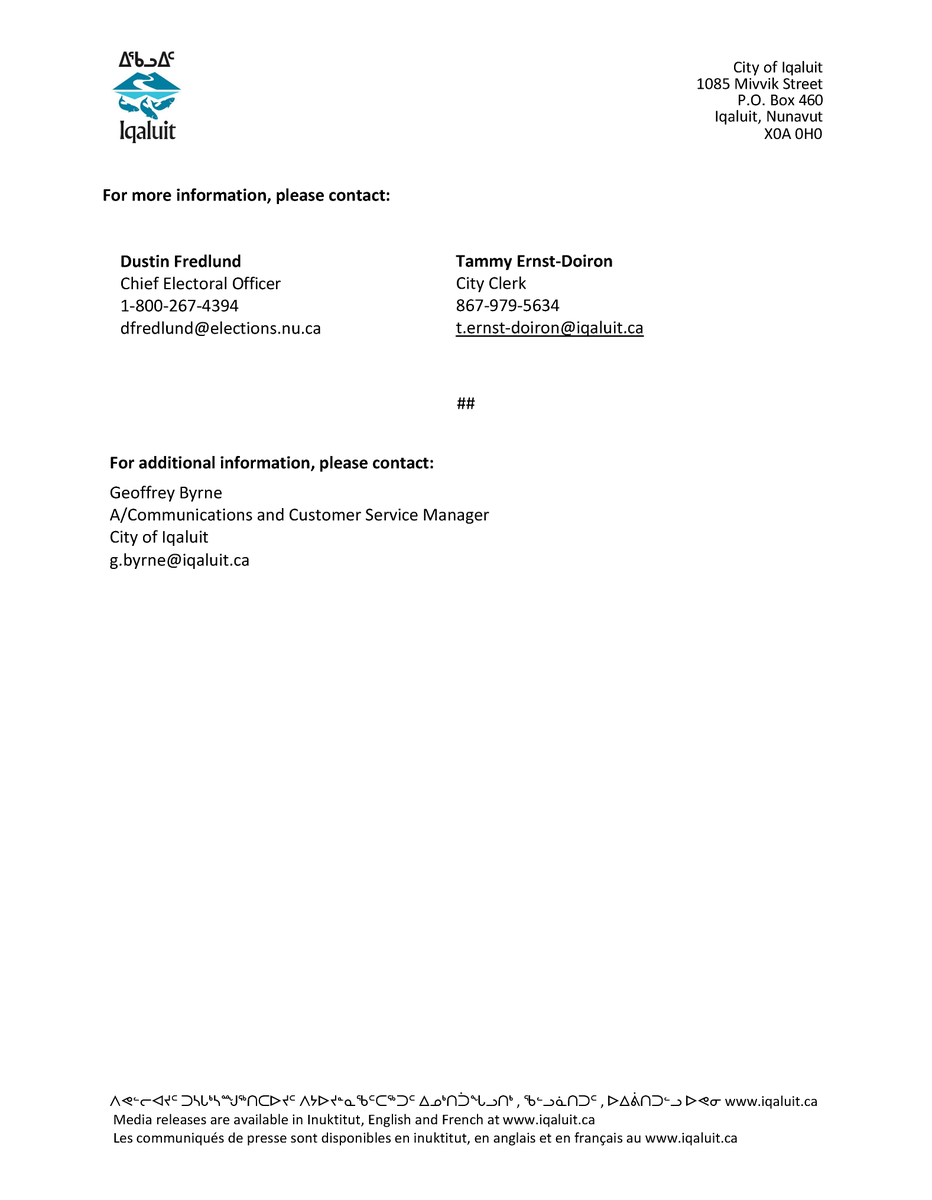 Public Service Announcement
Call Out for Iqaluit City Council Members
February 02, 2022- Iqaluit, Nunavut