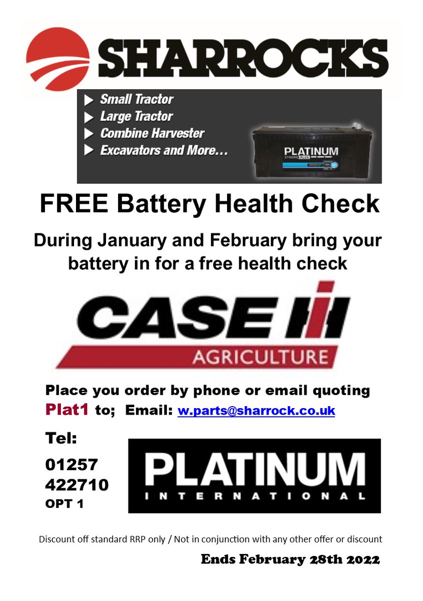 Beginning of February already and Spring won't be far from our grasp. Why not get prepared and get a Free Battery Health Check.  Contact us on 01257 422710 opt 1 or email us at w.parts@sharrock.co.uk