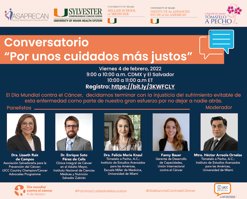 Acompáñanos en el Conservatorio que realizamos el próx. viernes 4 de febrero en conmemoración del #DíaMundialContraElCáncer, junto con <a href="/ASAPRECAN1/">ASAPRECAN</a> <a href="/tomateloapecho/">Tómatelo a Pecho A.C</a> <a href="/mia_umiami/">UMIA at University of Miami</a> <a href="/uicc/">Union for International #CancerControl</a> 
#PorUnosCuidadosMasJustos 
⏰9:00 am CdMx, El Salvador / 10:00 am ET
▶️🔗 bit.ly/3KWFCLY