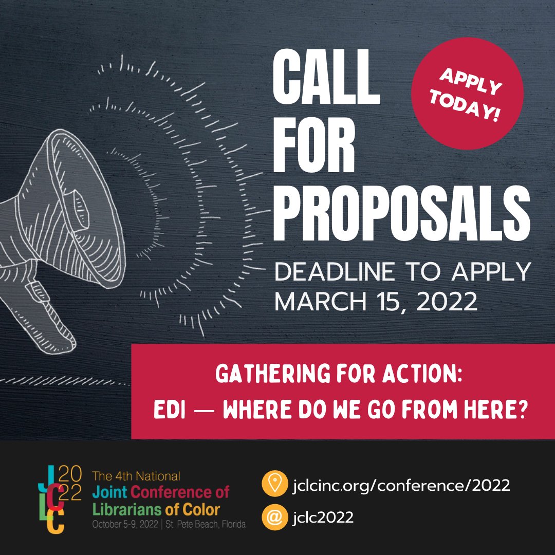 Call for proposals for #JCLC2022 is now open! Share your successes, opportunities, and challenges on pressing issues affecting both libraries and communities of color. jclcinc.org/conference/202…