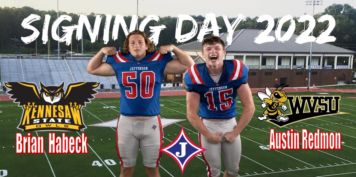 JeffersonFootba's tweet photo. Please join us in the Performing Arts Center at 4:00 today to celebrate two more Dragons signing football scholarships!!
Congrats to Brian Habeck on signing with Kennesaw State University and to Austin Redmon on signing with West Virginia State University!! #6Total #NotDoneYet https://t.co/QWqkBaMGUn