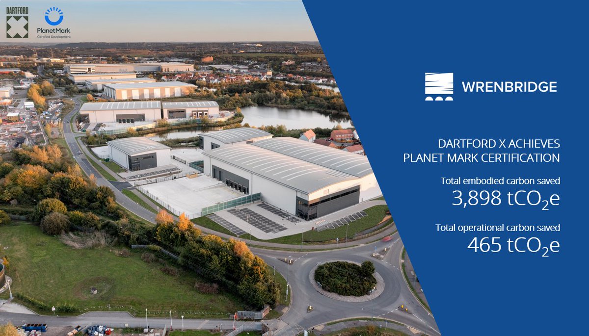 We are very pleased to announce that #DartfordX, our new industrial scheme with Railpen, has achieved <a href="/ThePlanetMark/">PlanetMark</a>'s Development Certification, with an overall carbon reduction of 12.2%. 
Total embodied carbon saved = 3,898 tCO2e
Total operational carbon saved = 465 tCO2e
