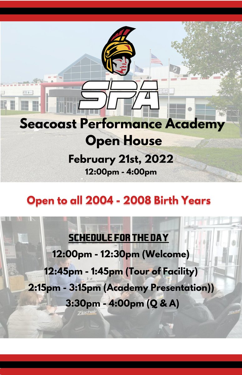 The Seacoast Performance Academy will be hosting an open house for all students interested in attending the academy! The open house will be open to birth years of 2008 - 2004.  We will tour the facility, have an Academy Presentation, and finish with a Q &amp; A session.