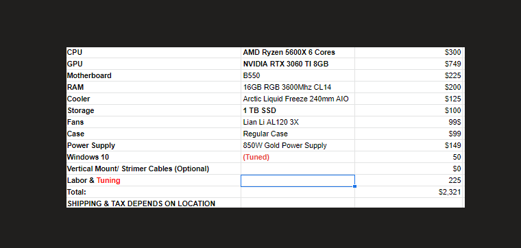 KIRNEILL's tweet photo. So we just did Inventory for @TunedPC !
We have builds going for as low as 2300$ with the right components
This also includes our Custom Windows & a Overclock of course 🦾
Here is a 2300$ Build 😉 https://t.co/uFew7rUm2E