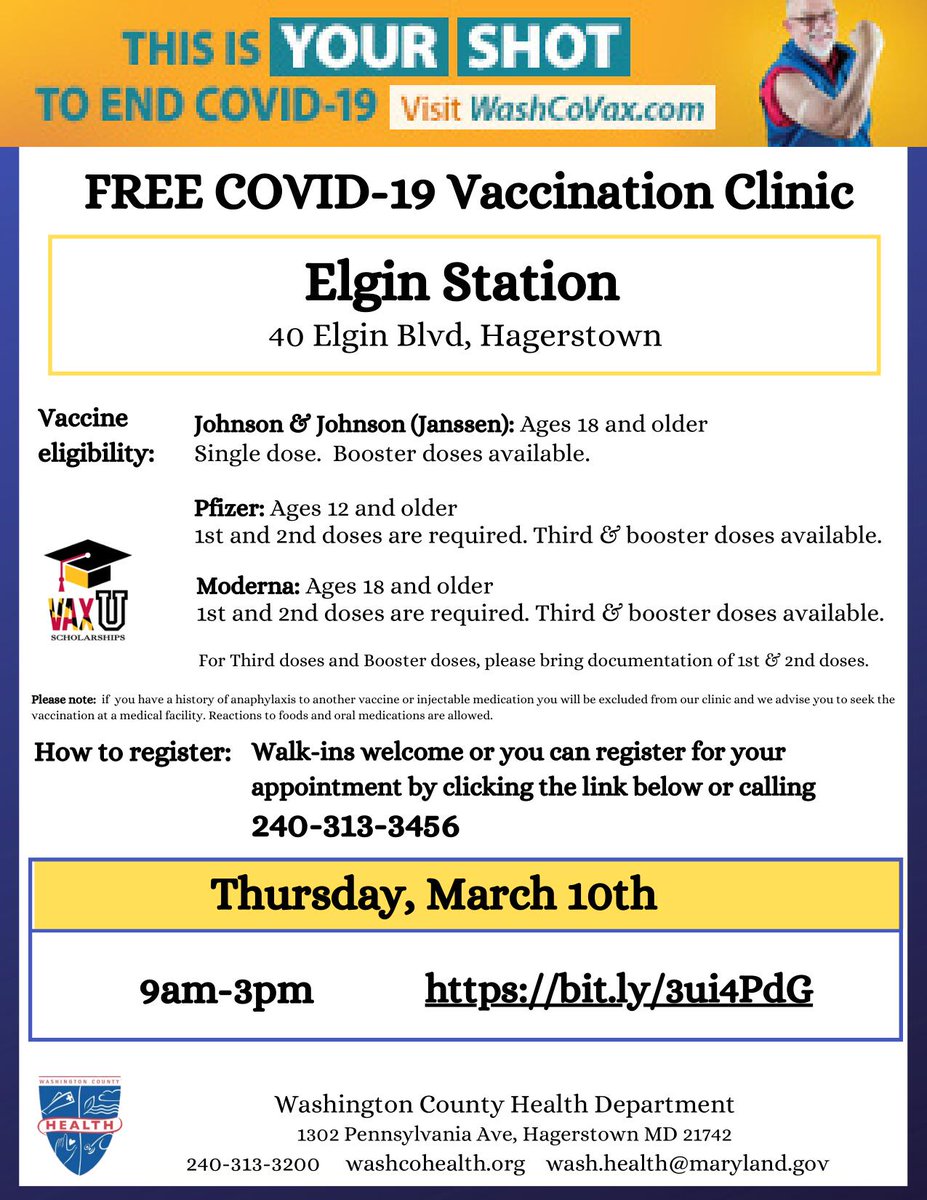 Elgin Station FREE COVID-19 Vaccination Clinic.  March 10th 9am-3pm.  Pre-register at the following link:  bit.ly/3gd06BW