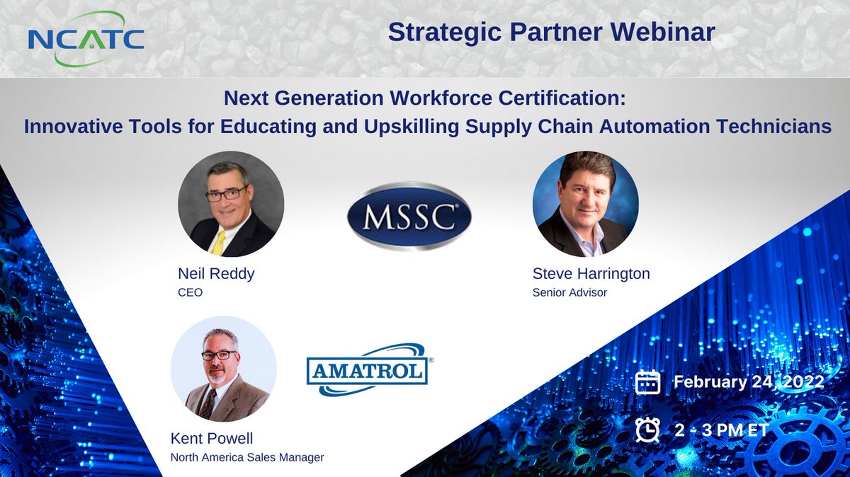 ncatc's tweet photo. Register: https://t.co/lZ9OcUpmfJ

MSSC &amp; Amatrol encourages NCATC members to learn more about the new MSSC CT-SCA Certification System. The end-goal is to provide a pipeline of much-needed automation technicians for distribution &amp; fulfillment centers and warehousing operations. https://t.co/T6lYXqCrnb
