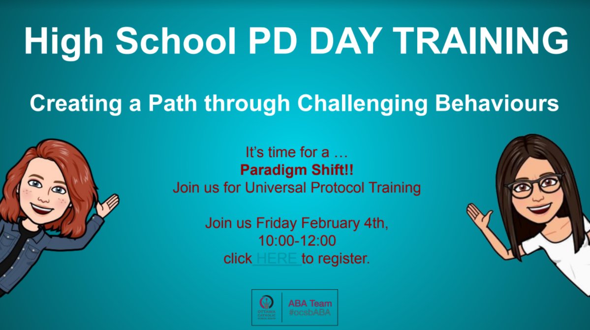 OcsbABA's tweet photo. We would love to have you join us for more #universalprotocol training THIS Friday (Feb. 4). It's time for a paradigm shift of how we view and respond to challenging behaviour!
 Register here: https://t.co/FVLvQYZt27 @JoanBarry2 @NicolaBenton2 @jennieradka @momottawa @OCSBSpecEd https://t.co/RLuMnJVbKR