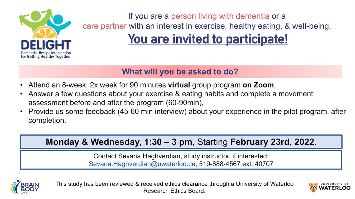 DELIGHT is now set to begin the week of Feb 23rd, 2022. This is an 8-week lifestyle intervention program to support people living with dementia &amp; their care partners. Please visit our website for details at tinyurl.com/av9nvhme
