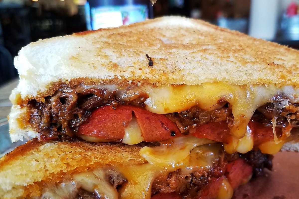 It's a good day for a grilled cheese, so we're having the Hotcue again today!

Grilled cheese on Texas toast with chopped brisket and hot link in it!