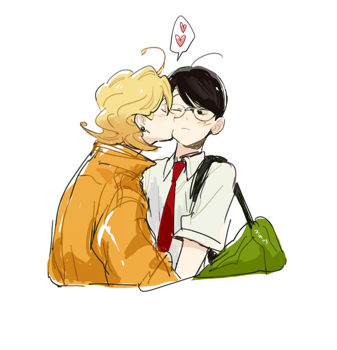 kiss heart glasses kissing cheek 2boys multiple boys blonde hair  illustration images