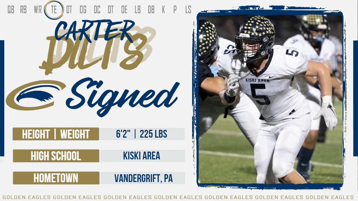 𝓢𝓲𝓰𝓷𝓮𝓭 🖊

Welcome to the Clarion Family❕

🖊 | Carter Dilts 
📱 | <a href="/CarterDilts/">Carter Dilts</a> 
🏈 | Tight End 
📏 | 6’2” | 225 lbs 
🏫 | Kiski Area HS
🏡 | Vandergrift, PA

#EaglePride | #NSD22