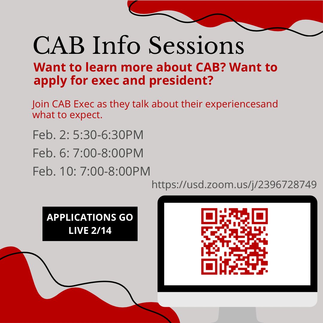 Join CAB tonight to learn about being on the exec board!

USD.zoom.us/j/2396728749