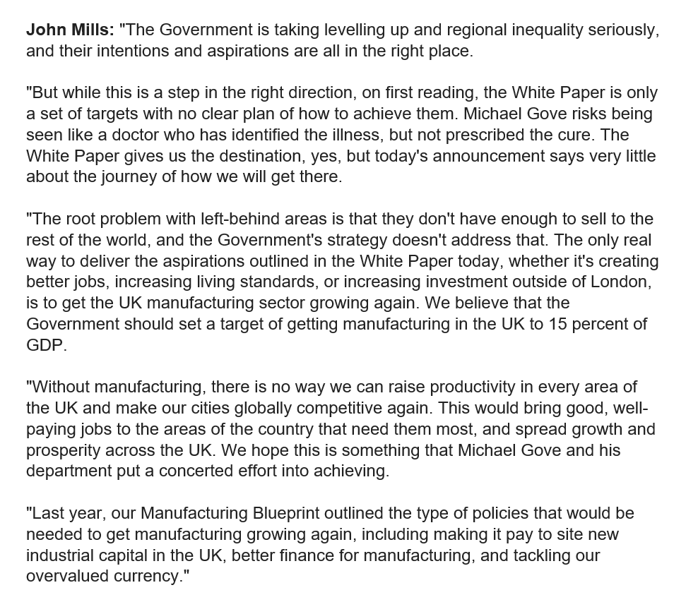 John_Mills_JML's tweet photo. My response to @michaelgove's Levelling Up White Paper.

🏭 I urge Govt to introduce a 15% of GDP target for manufacturing.

🛳 We need to manufacture more to export to the rest of the world.

🇬🇧 More to sell to the rest of the world = more jobs, more prosperity, more growth https://t.co/iLIZegwggh